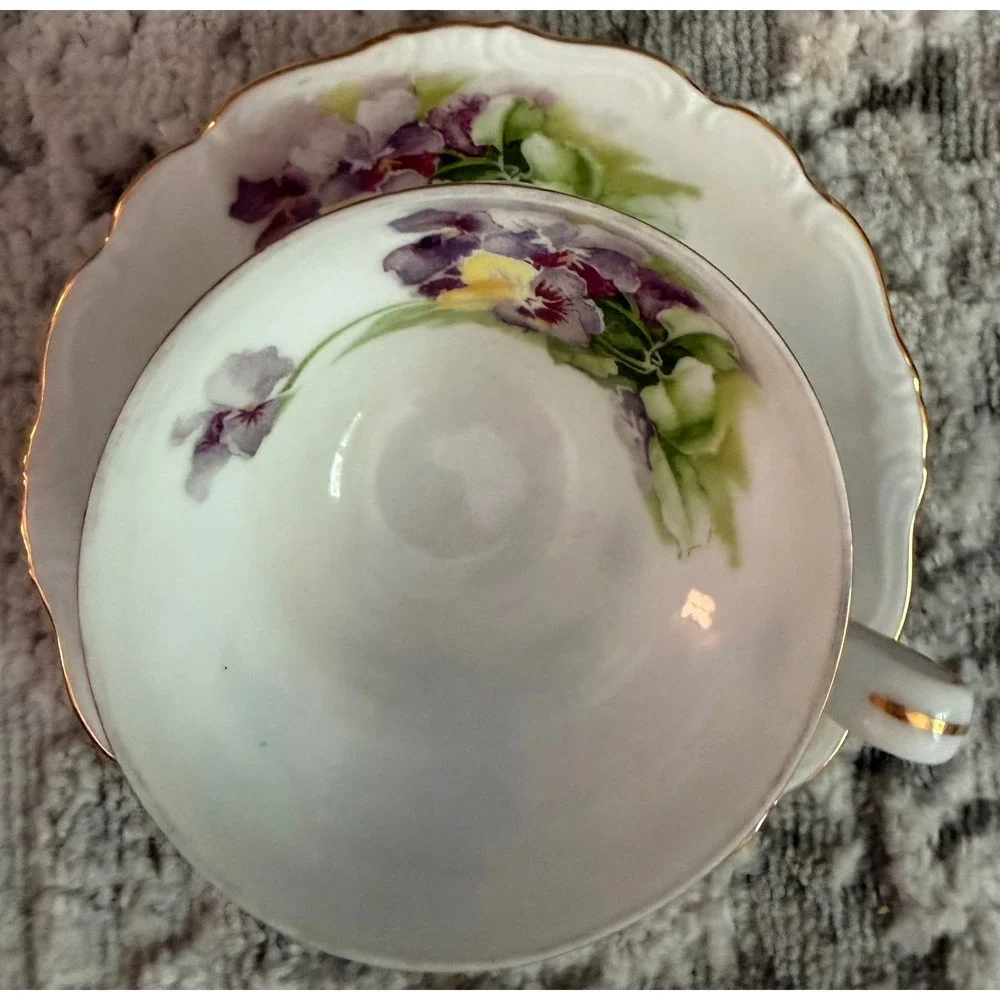 Vintage Hand Painted Pansies Teacup Saucer Set Made in Occupied Japan Gold Trim